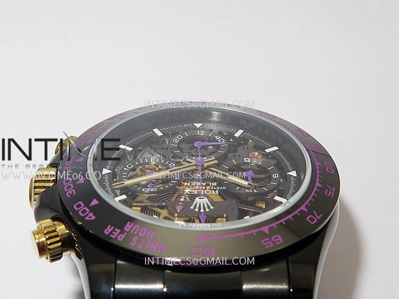 Daytona Blaken Carbon Bezel PVD Sonic Best Edition Skeleton Dial On Purple Rubber Strap Super Clone SA4130