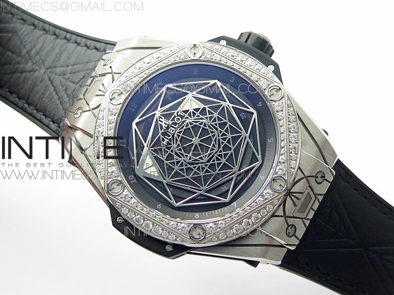 Big Bang Sang Bleu Ti Crystal Bezel WWF 1:1 Best Edition Black Skeletonal Dial On Black Gummy Strap Asian HB1213 V2