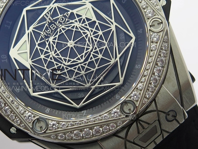 Big Bang Sang Bleu Ti Crystal Bezel WWF 1:1 Best Edition Black Skeletonal Dial On Black Gummy Strap Asian HB1213 V2