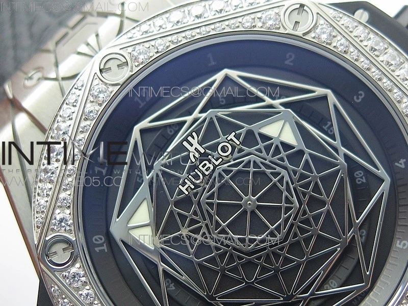 Big Bang Sang Bleu Ti Crystal Bezel WWF 1:1 Best Edition Black Skeletonal Dial On Black Gummy Strap Asian HB1213 V2