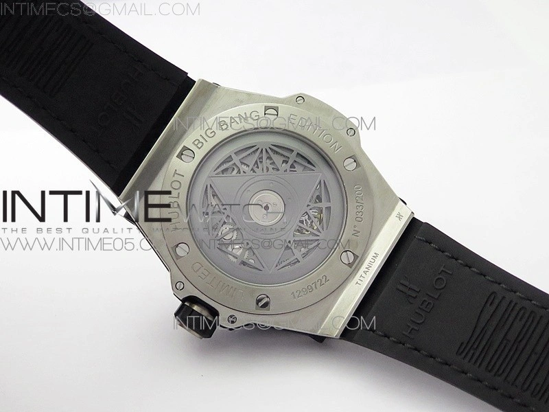 Big Bang Sang Bleu Ti Crystal Bezel WWF 1:1 Best Edition Black Skeletonal Dial On Black Gummy Strap Asian HB1213 V2