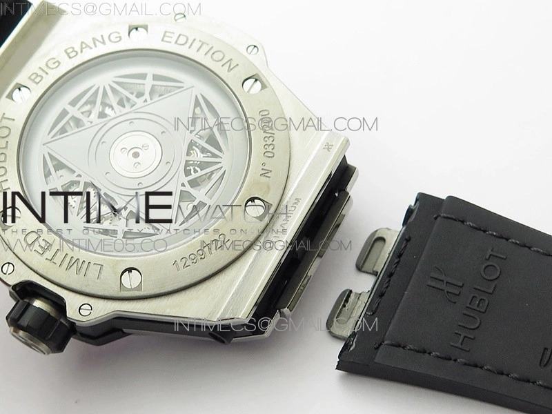 Big Bang Sang Bleu Ti Crystal Bezel WWF 1:1 Best Edition Black Skeletonal Dial On Black Gummy Strap Asian HB1213 V2