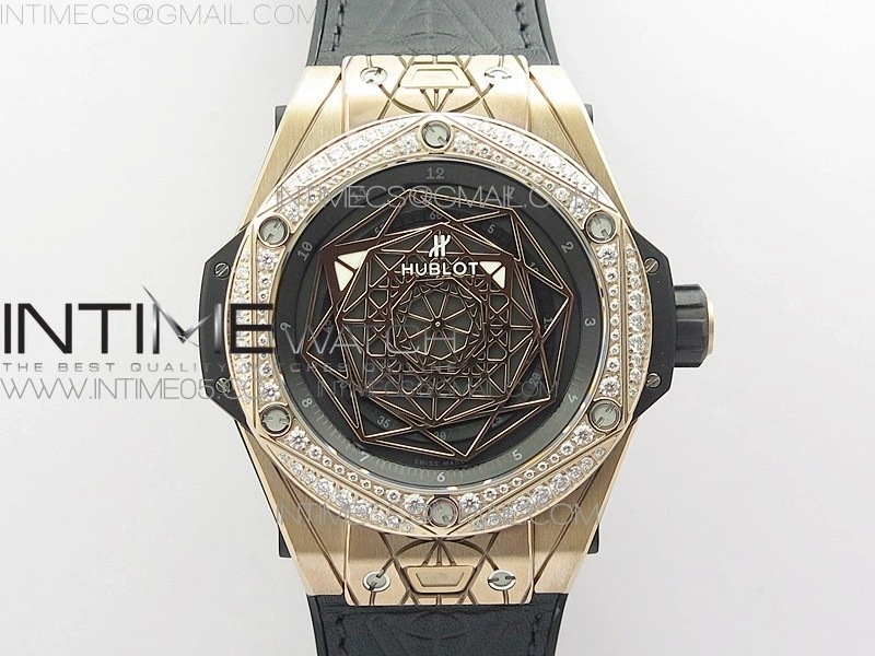 Big Bang Sang Bleu RG Ti Crystal Bezel WWF 1:1 Best Edition Black Skeletonal Dial On Black Gummy Strap Asian HB1213 V2