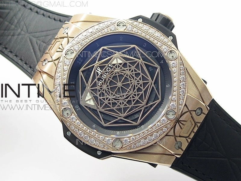 Big Bang Sang Bleu RG Ti Crystal Bezel WWF 1:1 Best Edition Black Skeletonal Dial On Black Gummy Strap Asian HB1213 V2