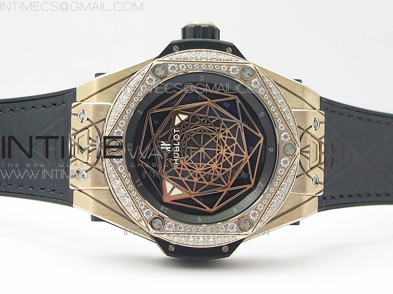 Big Bang Sang Bleu RG Ti Crystal Bezel WWF 1:1 Best Edition Black Skeletonal Dial On Black Gummy Strap Asian HB1213 V2