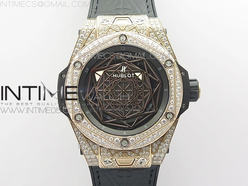 Big Bang Sang Bleu RG Ti Crystal Case Bezel WWF 1:1 Best Edition Black Skeletonal Dial On Black Gummy Strap Asian HB1213 V2