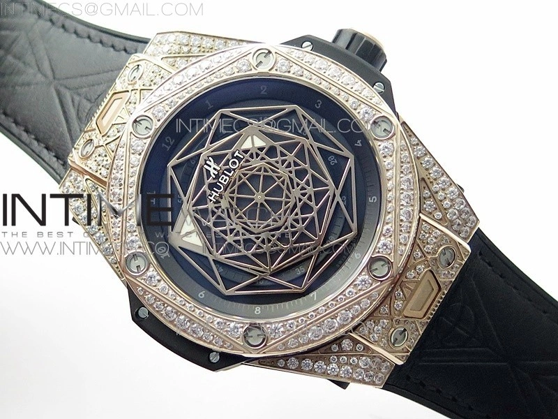 Big Bang Sang Bleu RG Ti Crystal Case Bezel WWF 1:1 Best Edition Black Skeletonal Dial On Black Gummy Strap Asian HB1213 V2