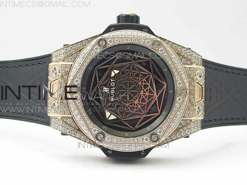 Big Bang Sang Bleu RG Ti Crystal Case Bezel WWF 1:1 Best Edition Black Skeletonal Dial On Black Gummy Strap Asian HB1213 V2