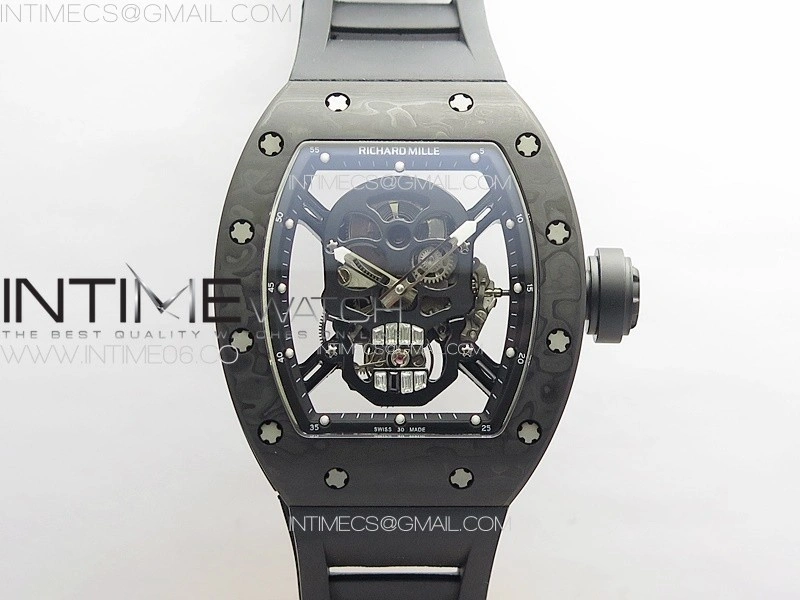 RM052 Skull Black Carbon Real Tourbillon YSF 1:1 Best Edition Skull Dial on Black Rubber Strap