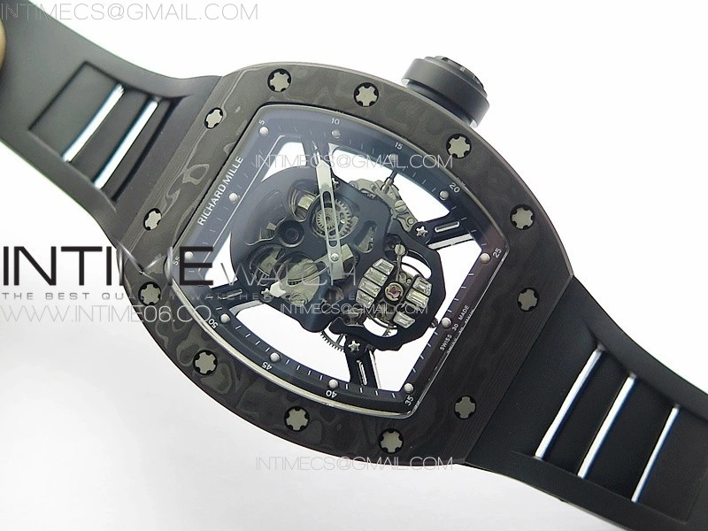 RM052 Skull Black Carbon Real Tourbillon YSF 1:1 Best Edition Skull Dial on Black Rubber Strap