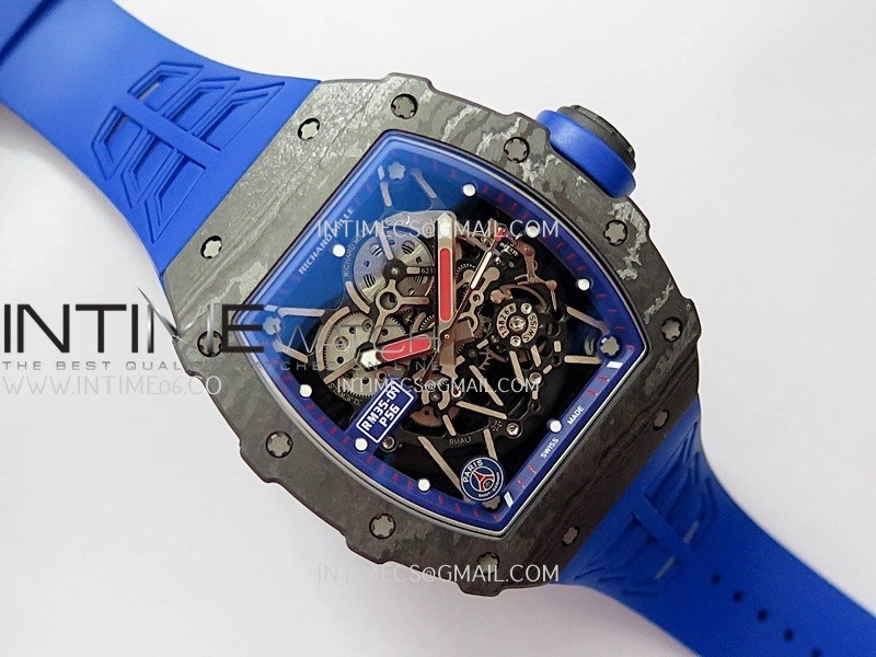 RM035-01 Paris Black Carbon ZF Best Edition Skeleton Dial On Blue Rubber Strap Super Clone RMUL1