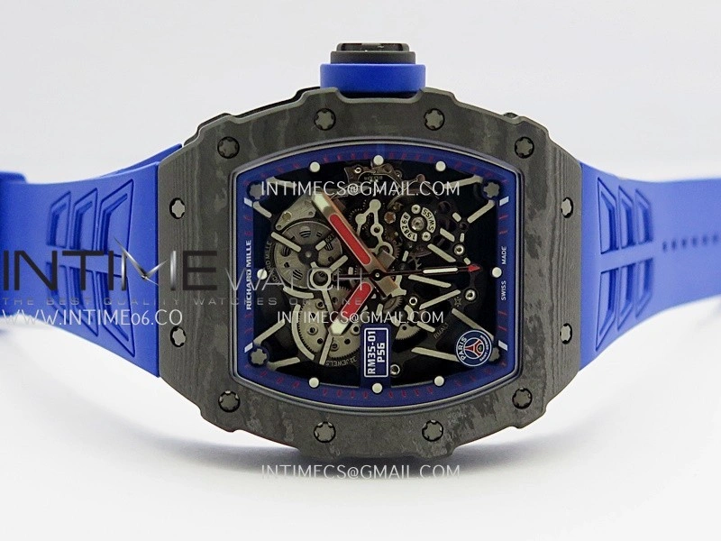 RM035-01 Paris Black Carbon ZF Best Edition Skeleton Dial On Blue Rubber Strap Super Clone RMUL1