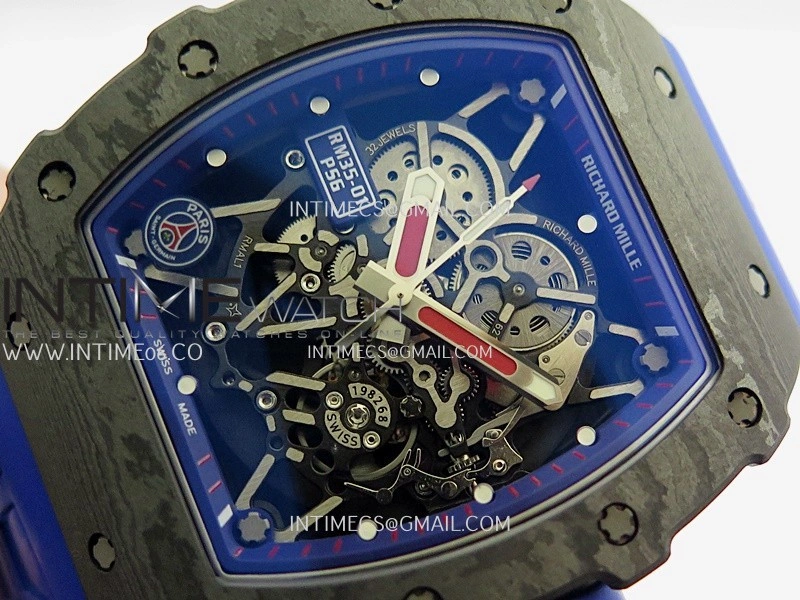 RM035-01 Paris Black Carbon ZF Best Edition Skeleton Dial On Blue Rubber Strap Super Clone RMUL1