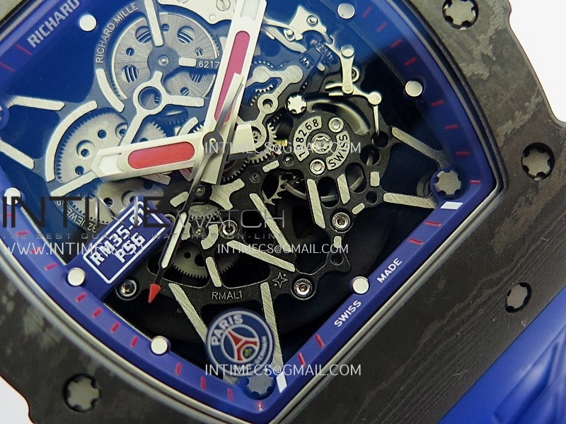 RM035-01 Paris Black Carbon ZF Best Edition Skeleton Dial On Blue Rubber Strap Super Clone RMUL1