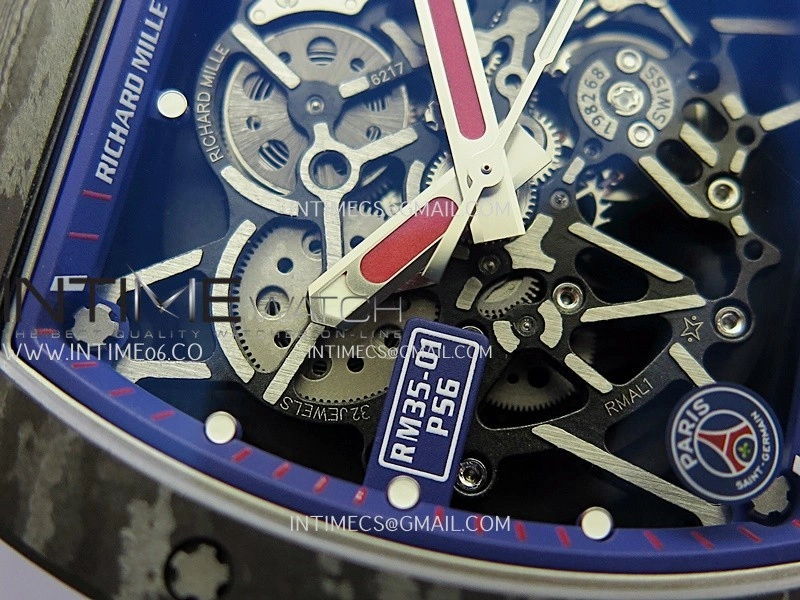 RM035-01 Paris Black Carbon ZF Best Edition Skeleton Dial On Blue Rubber Strap Super Clone RMUL1