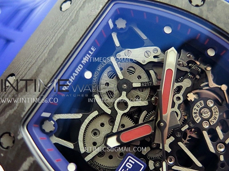 RM035-01 Paris Black Carbon ZF Best Edition Skeleton Dial On Blue Rubber Strap Super Clone RMUL1