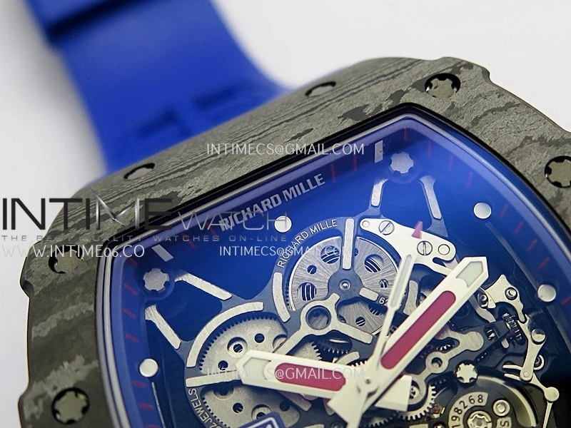 RM035-01 Paris Black Carbon ZF Best Edition Skeleton Dial On Blue Rubber Strap Super Clone RMUL1