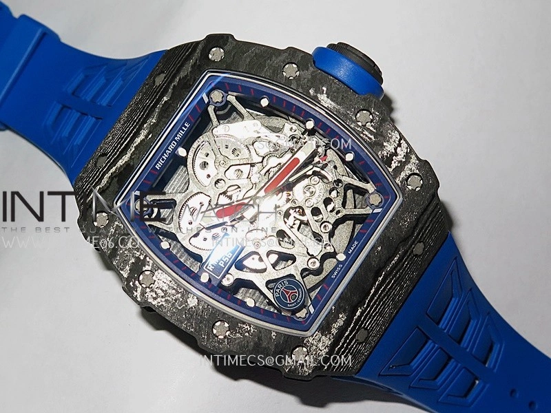 RM035-01 Paris Black Carbon ZF Best Edition Skeleton Dial On Blue Rubber Strap Super Clone RMUL1