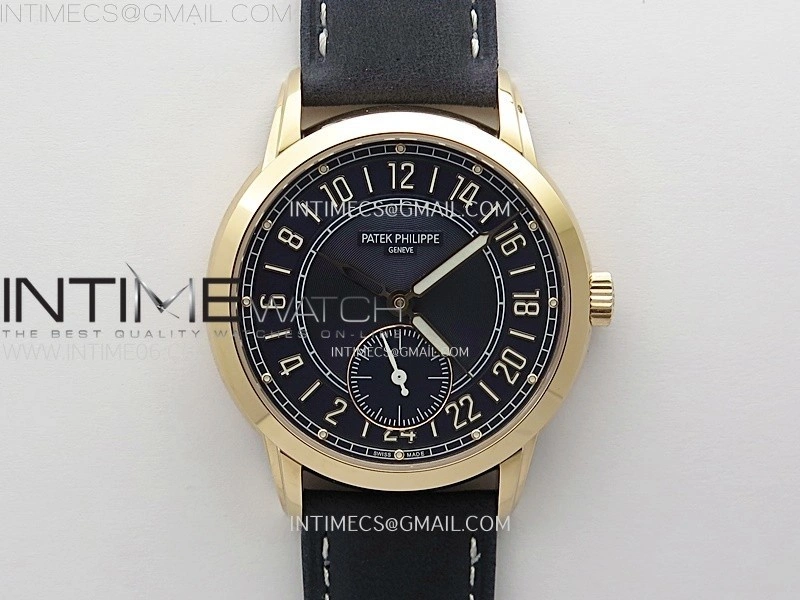Calatrava 5224R-001 Pilot Travel Time RG GRF Blue Dial on Black Leather Strap A260