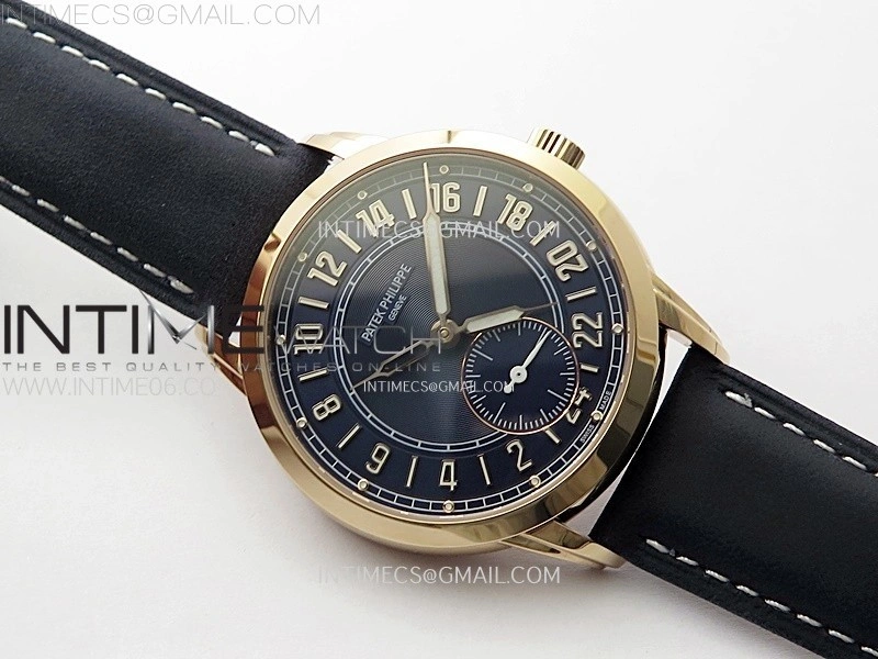 Calatrava 5224R-001 Pilot Travel Time RG GRF Blue Dial on Black Leather Strap A260