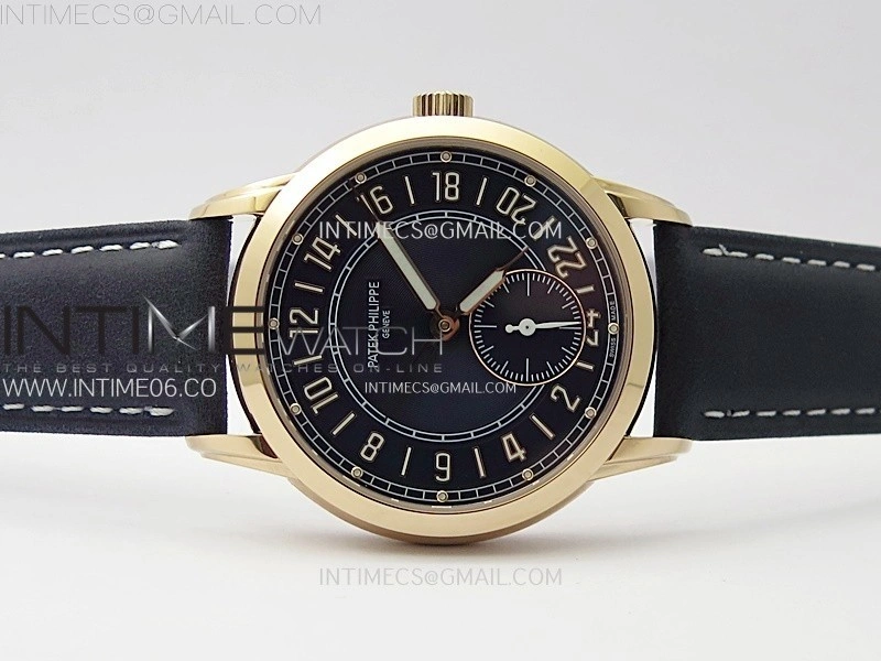 Calatrava 5224R-001 Pilot Travel Time RG GRF Blue Dial on Black Leather Strap A260