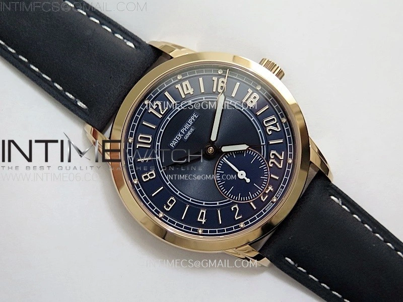 Calatrava 5224R-001 Pilot Travel Time RG GRF Blue Dial on Black Leather Strap A260