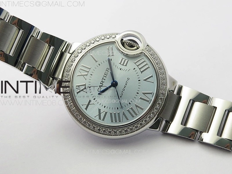 Ballon Bleu 33mm Diamonds Bezel SS 3KF 1:1 Best Edition Ice Blue Dial on SS Bracelet A076
