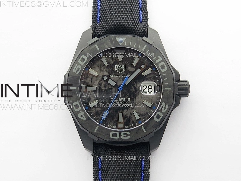 Aquaracer Calibre 5 PVD 41mm TARF 1:1 Best Edition Carbon Blue Dial on Black Nylon Strap SW200