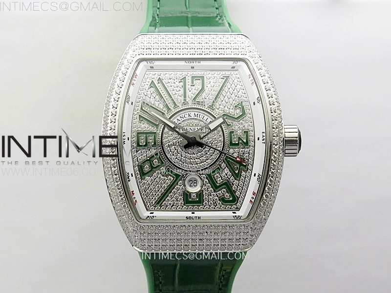 Vanguard V45 Full Diamonds ABF Best Edition Full Paved Diamonds Dial On Green Gummy Strap A2824