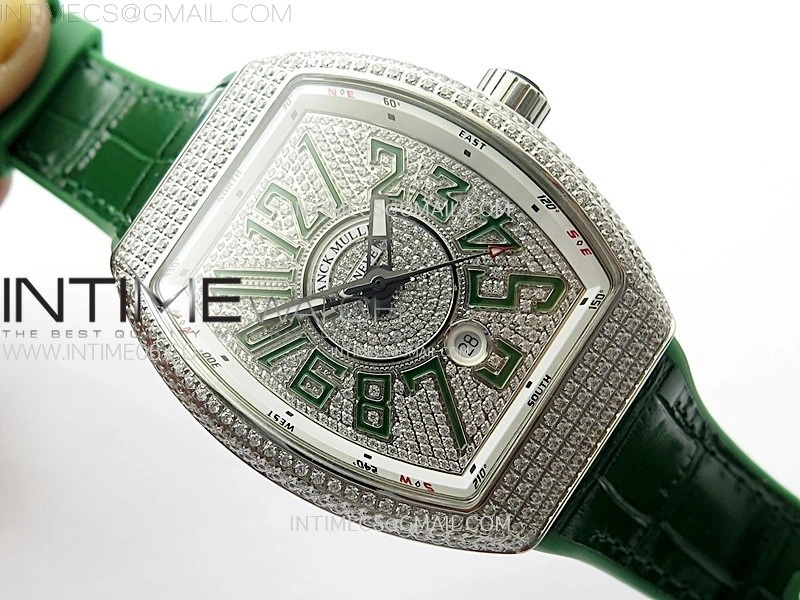Vanguard V45 Full Diamonds ABF Best Edition Full Paved Diamonds Dial On Green Gummy Strap A2824
