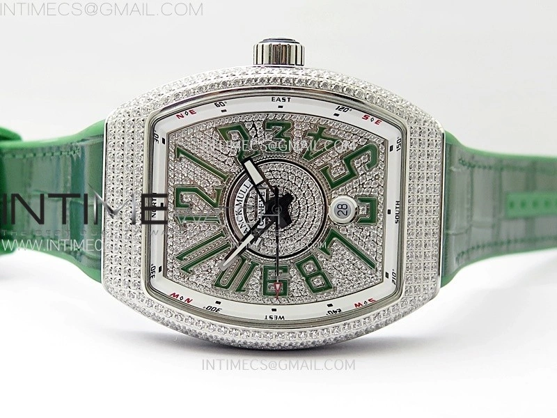 Vanguard V45 Full Diamonds ABF Best Edition Full Paved Diamonds Dial On Green Gummy Strap A2824