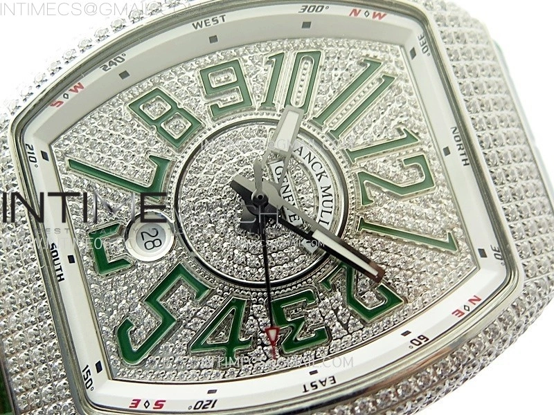 Vanguard V45 Full Diamonds ABF Best Edition Full Paved Diamonds Dial On Green Gummy Strap A2824