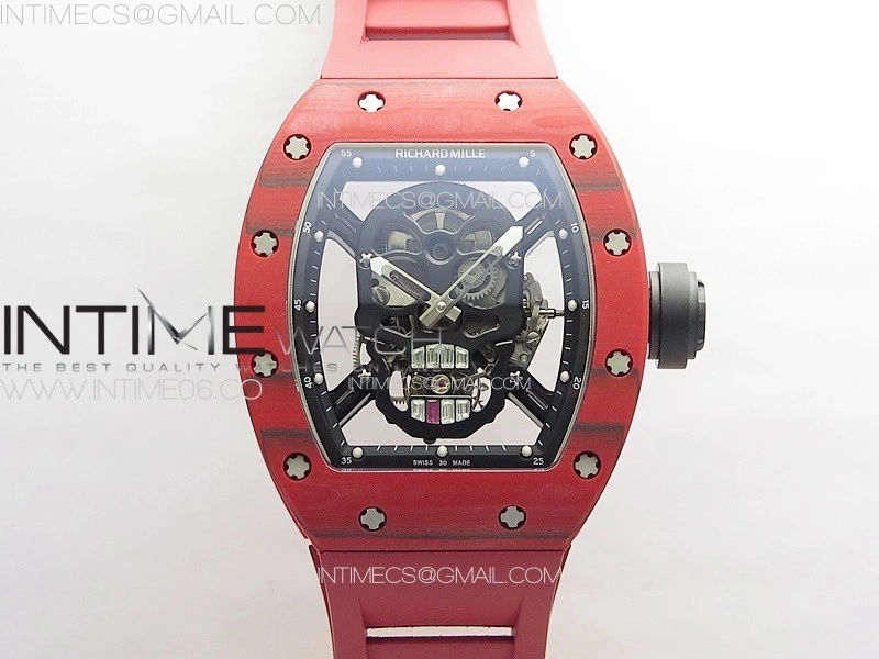 RM052 Skull Red Carbon Real Tourbillon YSF 1:1 Best Edition Skull Dial on Red Rubber Strap
