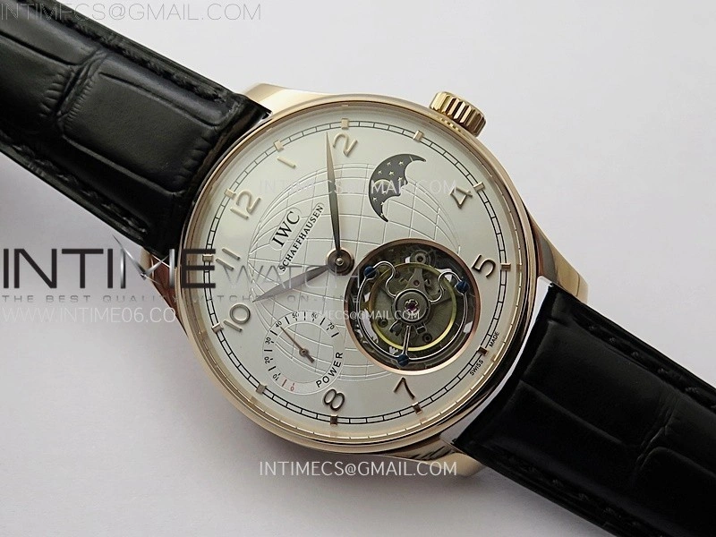 Portuguese Tourbillon Power Reserve RG AXF White Dial RG Numbers moonphase on Black Leather Strap