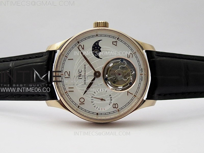 Portuguese Tourbillon Power Reserve RG AXF White Dial RG Numbers moonphase on Black Leather Strap