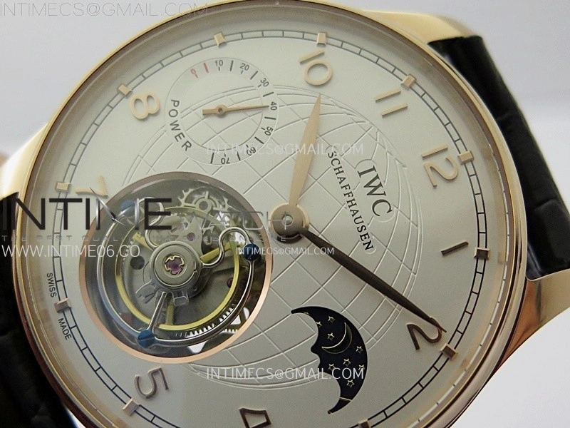 Portuguese Tourbillon Power Reserve RG AXF White Dial RG Numbers moonphase on Black Leather Strap