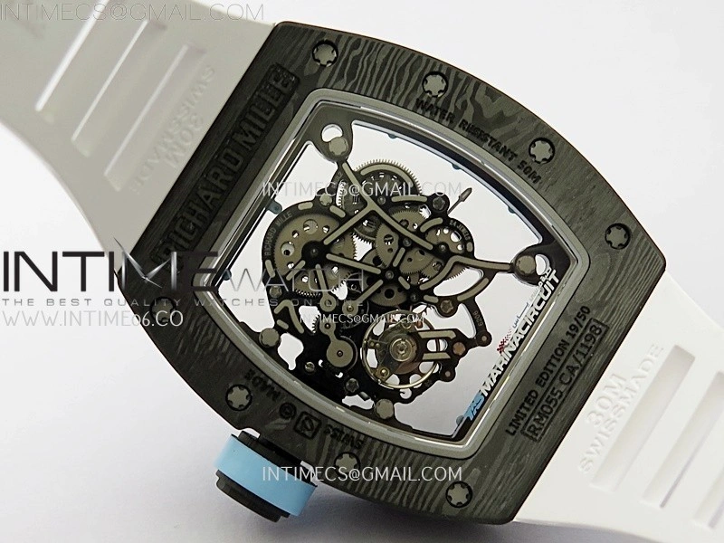 RM055 Real NTPT Blue Inner RMF Best Edition Skeleton Dial on White Rubber Strap RMUL2 Super Clone