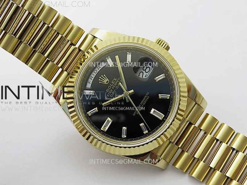 Day Date 228238 40mm 904L YG QF Gain Weight Black Dial T Dia Markers on YG President Bracelet A2836