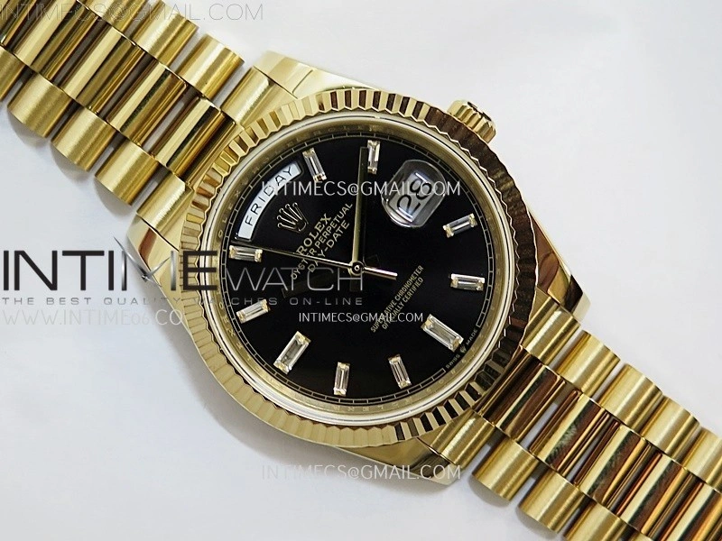 Day Date 228238 40mm 904L YG QF Gain Weight Black Dial T Dia Markers on YG President Bracelet A2836