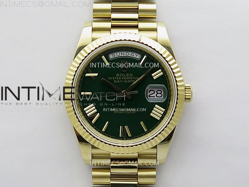 Day Date 228238 40mm 904L YG QF Gain Weight Green Dial Roman Markers on YG President Bracelet A2836