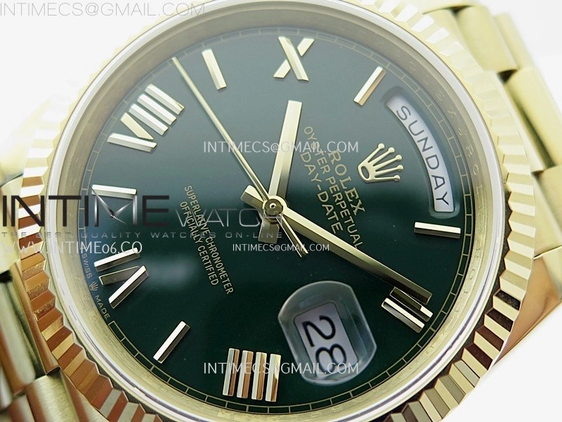 Day Date 228238 40mm 904L YG QF Gain Weight Green Dial Roman Markers on YG President Bracelet A2836