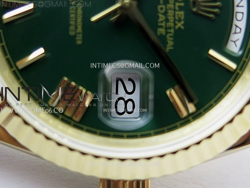 Day Date 228238 40mm 904L YG QF Gain Weight Green Dial Roman Markers on YG President Bracelet A2836