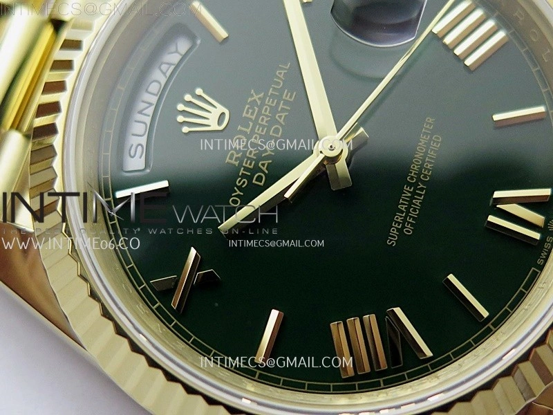 Day Date 228238 40mm 904L YG QF Gain Weight Green Dial Roman Markers on YG President Bracelet A2836