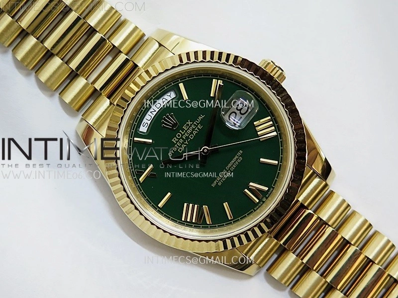 Day Date 228238 40mm 904L YG QF Gain Weight Green Dial Roman Markers on YG President Bracelet A2836