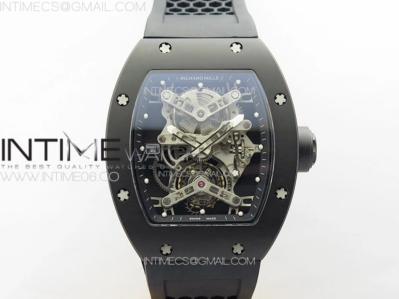 RM027 Titanium DLC Real Tourbillon YSF Best Edition Skeleton Skull Dial on Black Rubber Strap