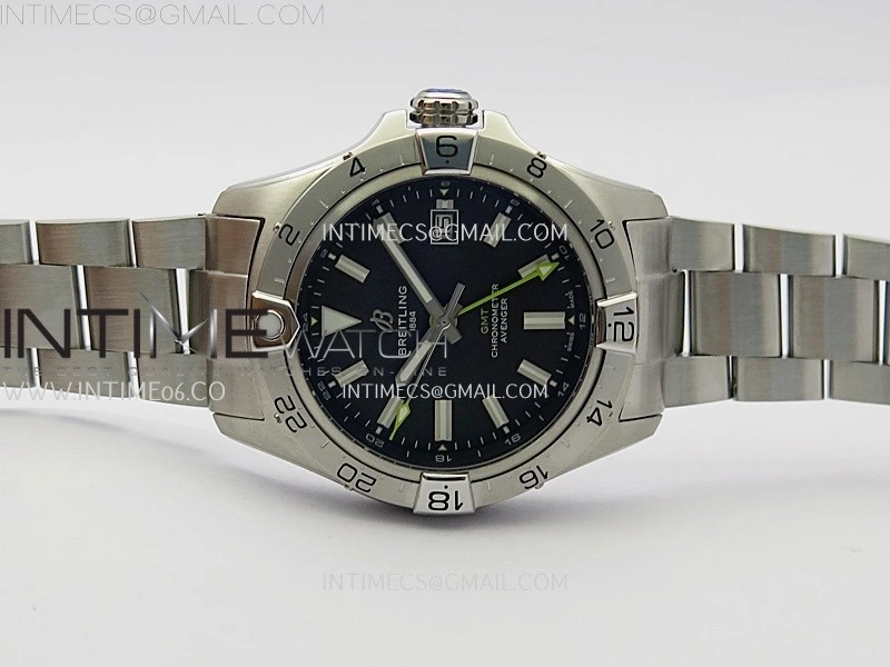 Avenger Chronometer 42mm GMT Yellow Second Hand SS BLSF 1:1 Best Version Black Dial On SS Bracelet A2836