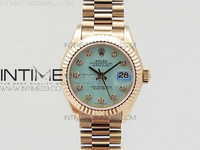 DateJust 28mm RG Diamond Bezel BP Best Edition Ice blue textured Dial on RG Bracelet ETA2671