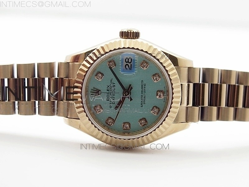 DateJust 28mm RG Diamond Bezel BP Best Edition Ice blue textured Dial on RG Bracelet ETA2671
