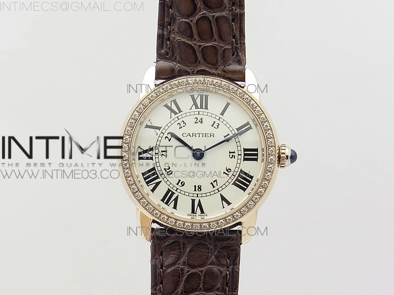 Ronde Solo de Cartier 29.5mm RG Dia K11 1:1 Best Edition White Dial on Brown Croco Leather Strap Ronda Quartz