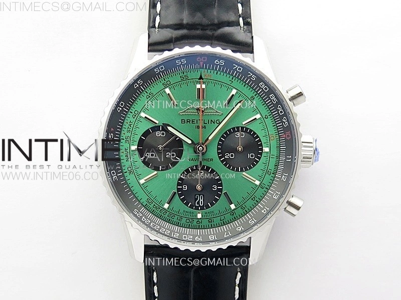 Navitimer B01 43mm SS BLSF 1:1 Best Edition Green Dial Black Subdials On Black Leather Strap A7750